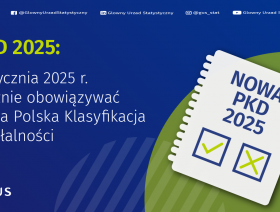 Niebieskie tło, na górze ikonki, nazwy mediów społecznościowych, niżej inormacja o PKD 2025 od kiedy zacznie obowiązywać