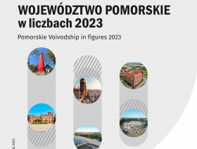 U góry tekst - Województwo pomorskie w liczbach 2023, poniżej  trzy zakładki, w nich zdjęcia obiektów woj. pomorskiego