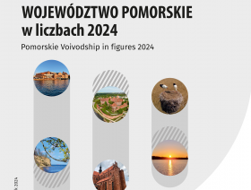 U góry tekst - Województwo pomorskie w liczbach 2024, poniżej  trzy zakładki, w nich zdjęcia obiektów woj. pomorskiego