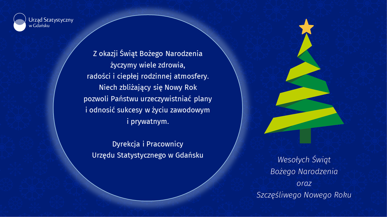 Ciemnoniebieskie tło, po lewej stronie logo Urzędu ststyatystycznego w Gdansku, pośrodku życzenia Bożonarodzeniowe Dyrekcji oraz pracowniłw Urzędy, po prawej stronie choinka, pod choinką tekst Wesołych Świąt Bożego Narodzenia oraz Śczęśliwego Nowego Roku