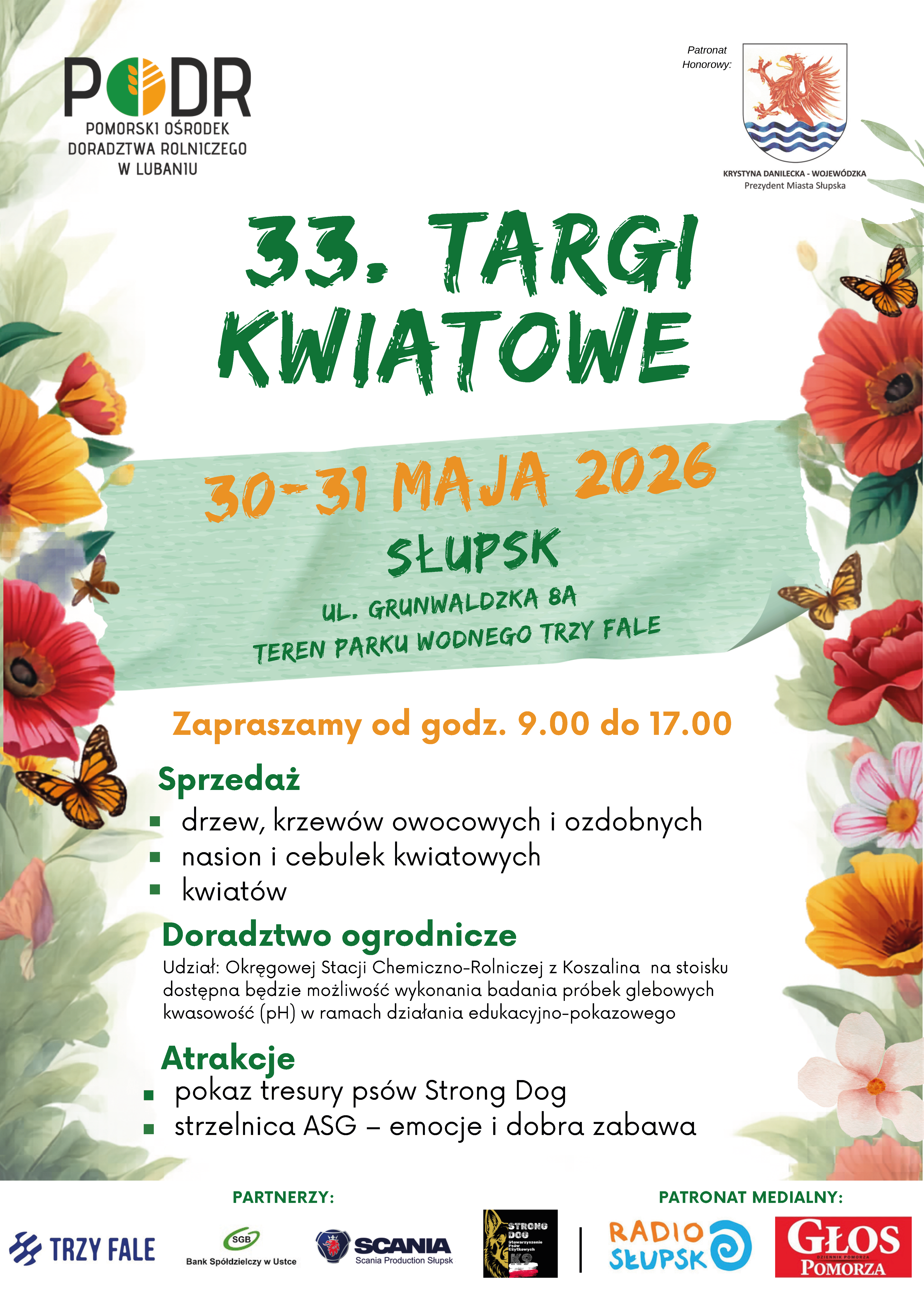 Na górze logo pomorskiego Ośrodka Doradztwa Rolniczego w Lubaniu oraz logo patronata honorowaego, poniżej zaproszenie na mające się odbyć w dniach 30-31 maja 2026 r Targi Kwiatowe, poniżej informacja, co ma się odbyć na tych targach, na skrajach lewej i prawej strony plecione kwiatki