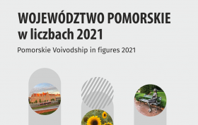 U góry tekst - Województwo pomorskie w liczbach 2021, poniżej  trzy zakładki, w nich zdjęcia obiektów woj. pomorskiego