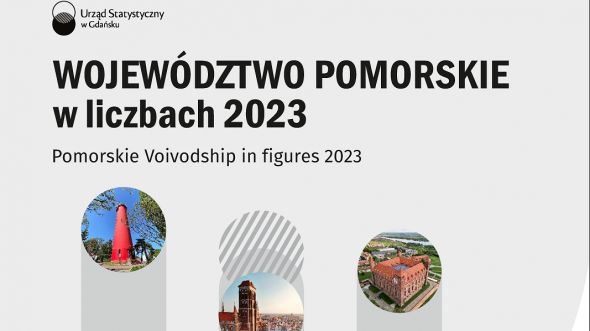 U góry tekst - Województwo pomorskie w liczbach 2023, poniżej  trzy zakładki, w nich zdjęcia obiektów woj. pomorskiego