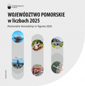 U góry tekst - Województwo pomorskie w liczbach 2024, poniżej  trzy zakładki, w nich zdjęcia obiektów woj. pomorskiego