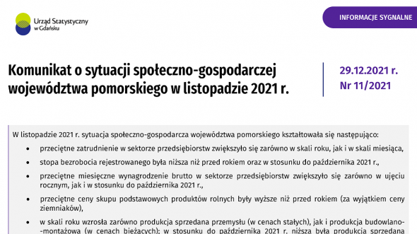 Komunikat o sytuacji społeczno-gospodarczej województwa pomorskiego w listopadzie 2021 r. - pierwsza strona opracowania