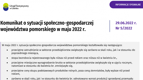 Komunikat o sytuacji społeczno-gospodarczej województwa pomorskiego w maju 2022 r. - pierwsza strona opracowania