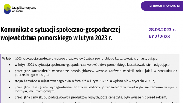 Komunikat o sytuacji społeczno-gospodarczej województwa pomorskiego w lutym 2023 r. - pierwsza strona opracowania