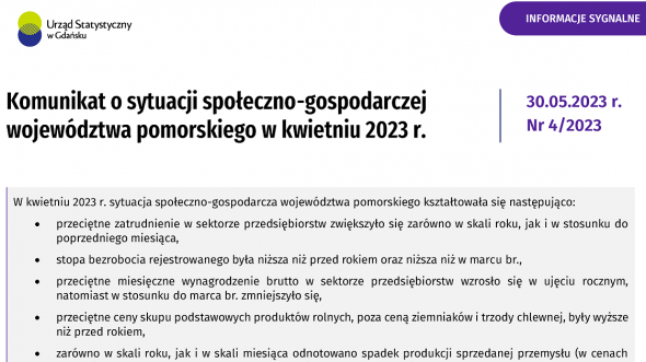 Komunikat o sytuacji społeczno-gospodarczej województwa pomorskiego w kwietniu 2023 r. - pierwsza strona opracowania