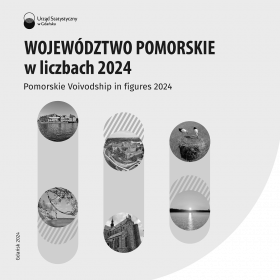 U góry tekst - Województwo pomorskie w liczbach 2024, poniżej  trzy zakładki, w nich zdjęcia obiektów woj. pomorskiego