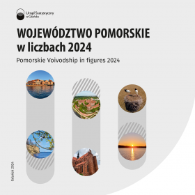 U góry tekst - Województwo pomorskie w liczbach 2024, poniżej  trzy zakładki, w nich zdjęcia obiektów woj. pomorskiego