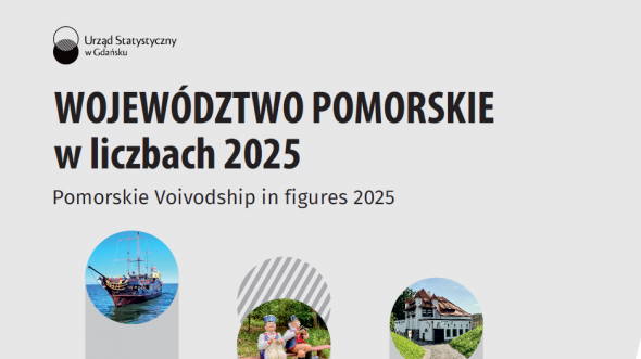 U góry tekst - Województwo pomorskie w liczbach 2024, poniżej  trzy zakładki, w nich zdjęcia obiektów woj. pomorskiego