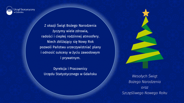 Ciemnoniebieskie tło, po lewej stronie logo US Gdańsk, pośrodku życzenia Bożonarodzeniowe Dyrekcji i pracowników Urzędu.