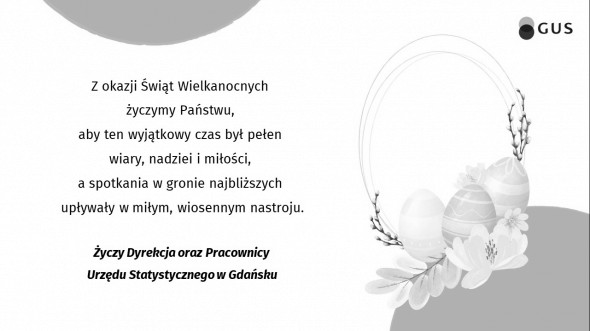 Po lewej stronie tekst - życzenia Wielkanocne od Dyrekcji dla pracowników Urzędu, po prawej obręcz wielkanocna.