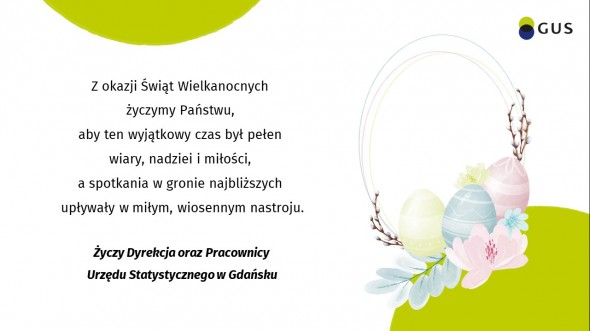 Po lewej stronie tekst - życzenia Wielkanocne od Dyrekcji dla pracowników Urzędu, po prawej obręcz wielkanocna.