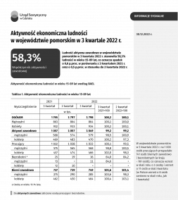 Aktywność ekonomiczna ludności w województwie pomorskim w 3 kwartale 2022 r. - pierwsza strona opracowania