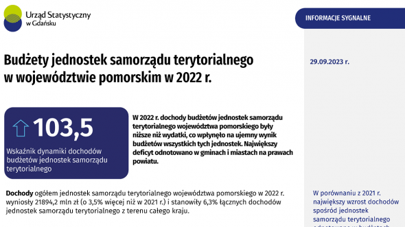 Pierwsza strona opracowania - szczegóły w pliku Budżety jednostek samorządu terytorialnego w województwie pomorskim w 20