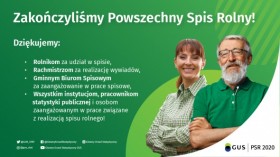 Zielone tło, informacja o zakończenie spisu rolnego, po prawej stronie dwoje ludzi