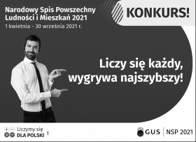 Na niebieskim tle informacja o konkursie, po lewej stronie pan wskazujący palcami tytuł konkursu