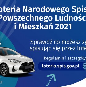 Niebieskie tło, w górze i po prawej stronie informacja o loterii spisowej, po lewej stronie zdjęcie samochodu