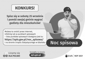 Szare tło, po lewej stronie informacje o konkursie „Noc spisowa”, po prawej stronie zdjęcie Pana trzymającym laptopa