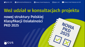 Niebieskie tło, tekst zachęcający do udziału w projekcie nowej klasyfikacji PKD 2025 na zielono oraz na biało