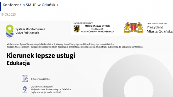Białe tło, informacja o konferencji SMUP w Gdansku, poniżej logo patronatów, tutuł Kierunek lepsze usługi Edukacja
