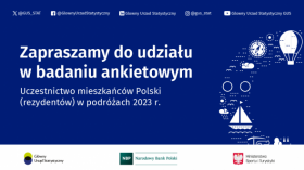 Niebieskie tło, na górze ikonki Głównego Urzędu Statystycznego, poniżej tekst informujący o badaniu ankietowym