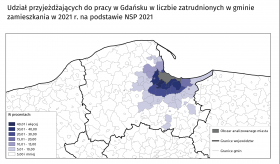 Mapa przedstawiająca udział przyjeżdzających do pracy w Gdabsku w liczbie zatrudnionych w gminie zamieszkania w 2021 r.