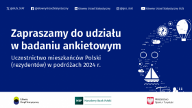 Niebieskie tło, po lewej stronie informacja o badaniu. Po prawej ikonki przedstawiające podróze (żagiel, chmury, kompas)