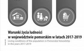 Okładka publikacji - trzy pionowe paski, w paskach ikonki domku, ojca,matki trzymającej wóazek, wózka z zakupami